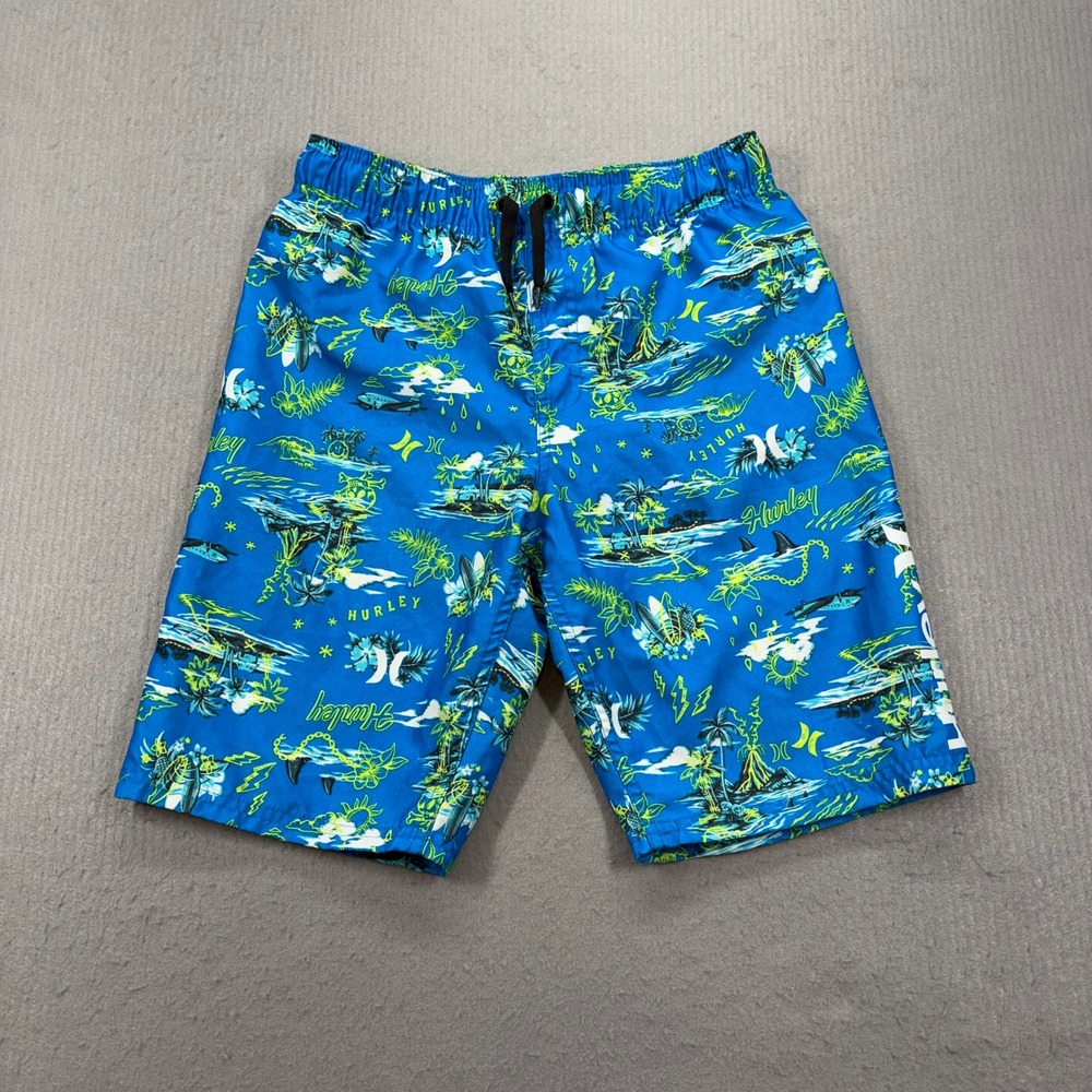 Hurley Swim Trunks Boys Large‎ Blue Tropical Island Print Board Shorts 023-GB